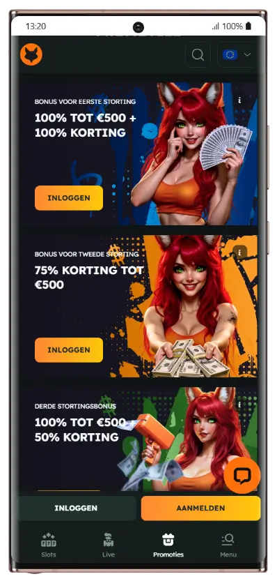 FoxSlots Casino – Stortingsbonussen overzicht Promotiespagina van FoxSlots Casino met drie stortingsbonussen: 100% tot €500 bij de eerste storting, 75% tot €500 bij de tweede storting en 100% tot €500 bij de derde storting