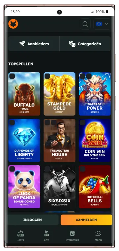 FoxSlots Casino – Topspellen in de mobiele app Mobiel overzicht van topspellen in de FoxSlots Casino-app, met slottitels zoals Buffalo Trail, Stampede Gold, Gates of Power en Coin Win